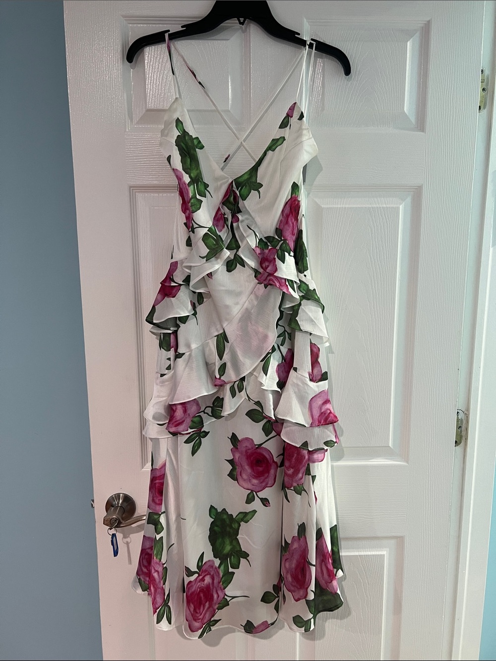 Floral Ruffle Midi Dress with Pink Rose Print